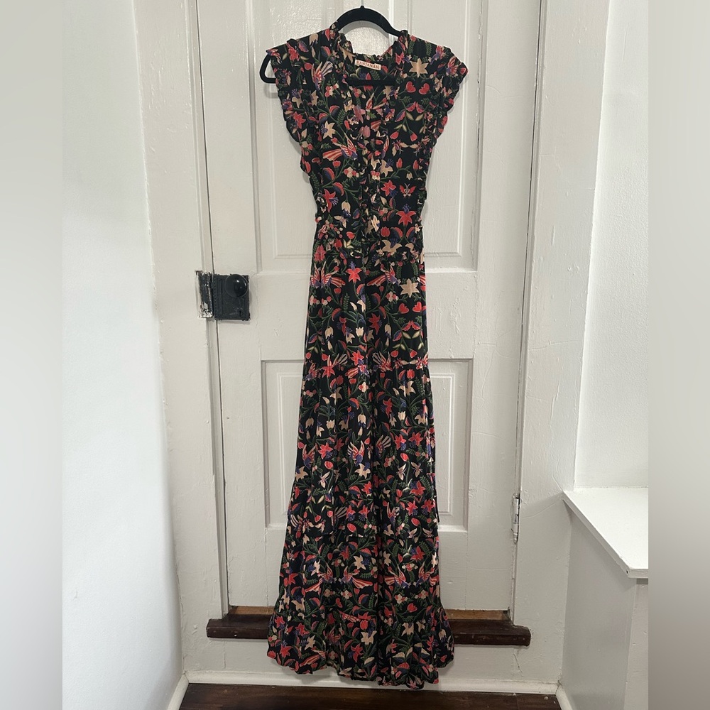 Banjanan Black Maxi Dress with Pink and Green Floral Pattern
